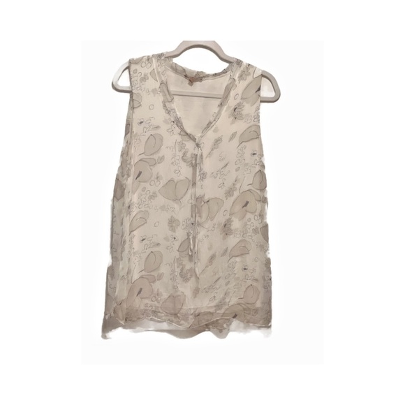 100% silk sleeveless blouse Cream with tan flowers size large - Picture 1 of 4